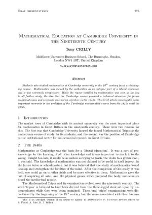Mathematical Education at Cambridge University in the Nineteenth Century