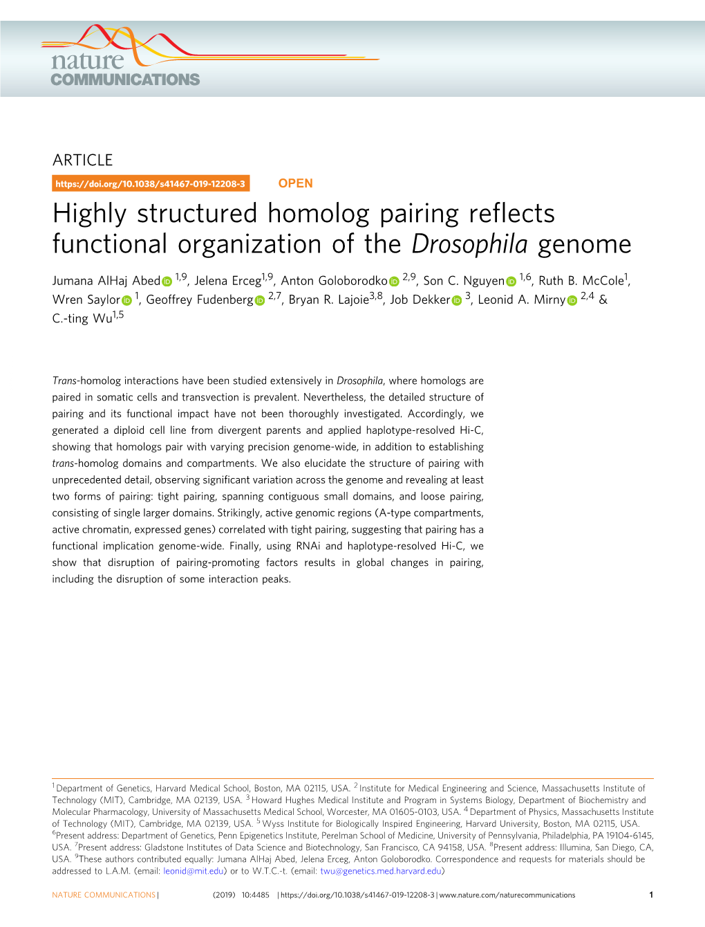 Highly Structured Homolog Pairing Reflects Functional Organization Of