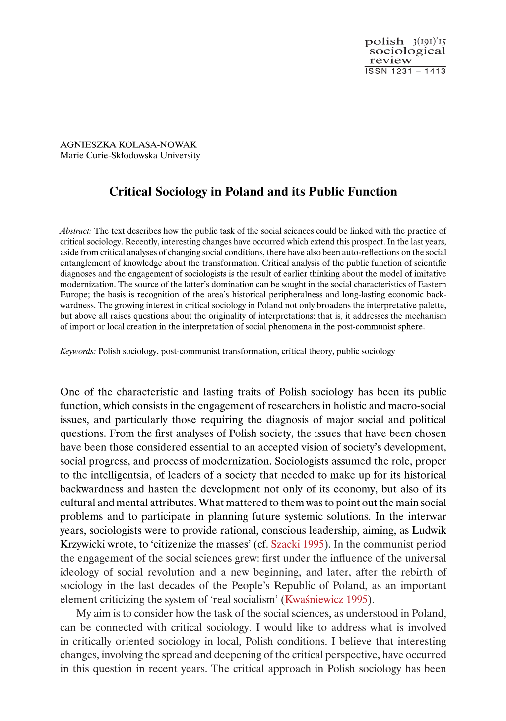 Critical Sociology in Poland and Its Public Function