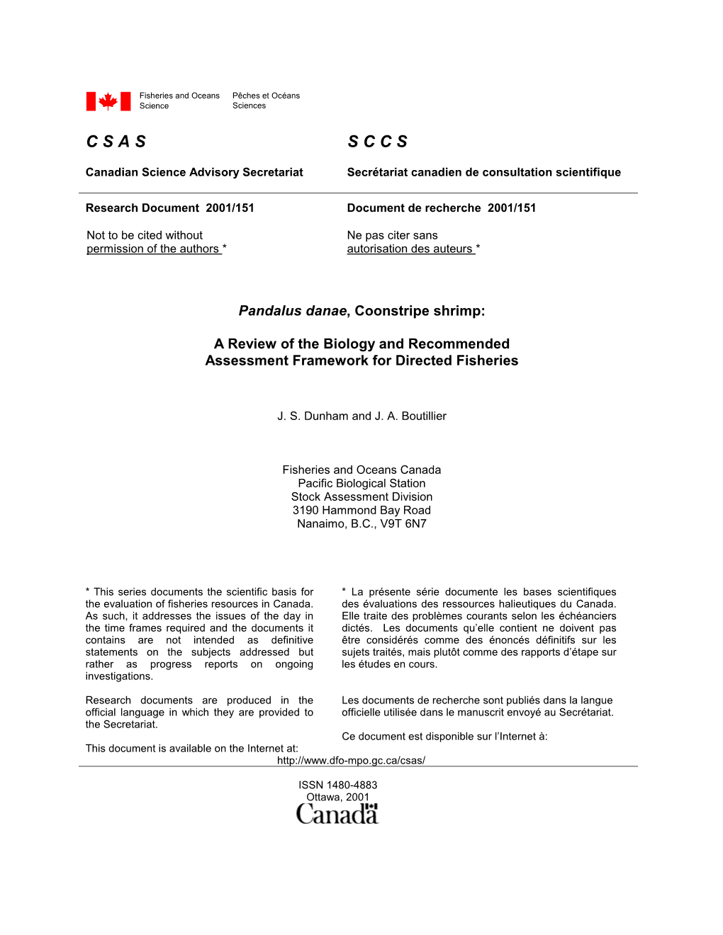 Pandalus Danae, Coonstripe Shrimp: a Review of the Biology and Recommended Assessment Framework for Directed Fisheries