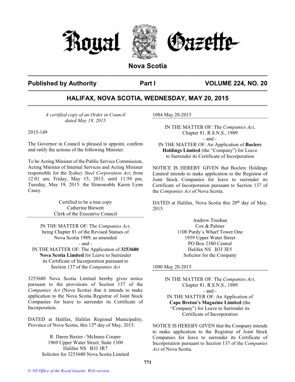 NS Royal Gazette Part I