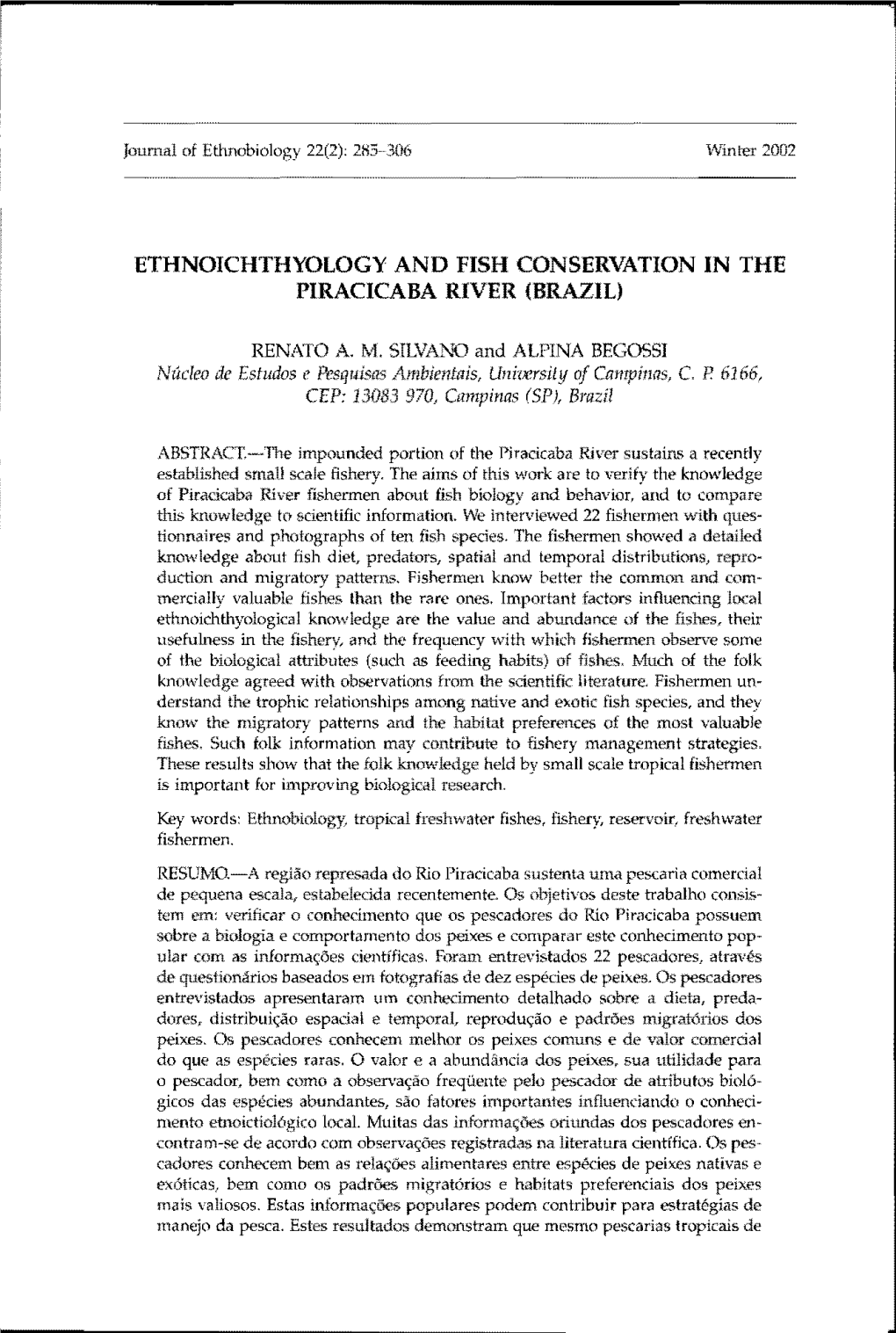 ETHNOICHTHYOLOGY and FISH CONSERVATION in the PIRACICABA RIVER (Brazill