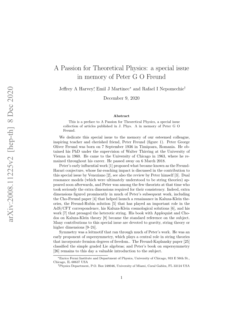 Arxiv:2008.11225V2 [Hep-Th] 8 Dec 2020 Many Contributions to This Special Issue Are Devoted to Gravity, String Theory Or Higher Dimensions [9–24]