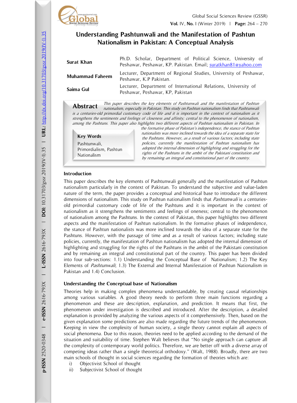 Understanding Pashtunwali and the Manifestation of Pashtun I).3 - Nationalism in Pakistan: a Conceptual Analysis