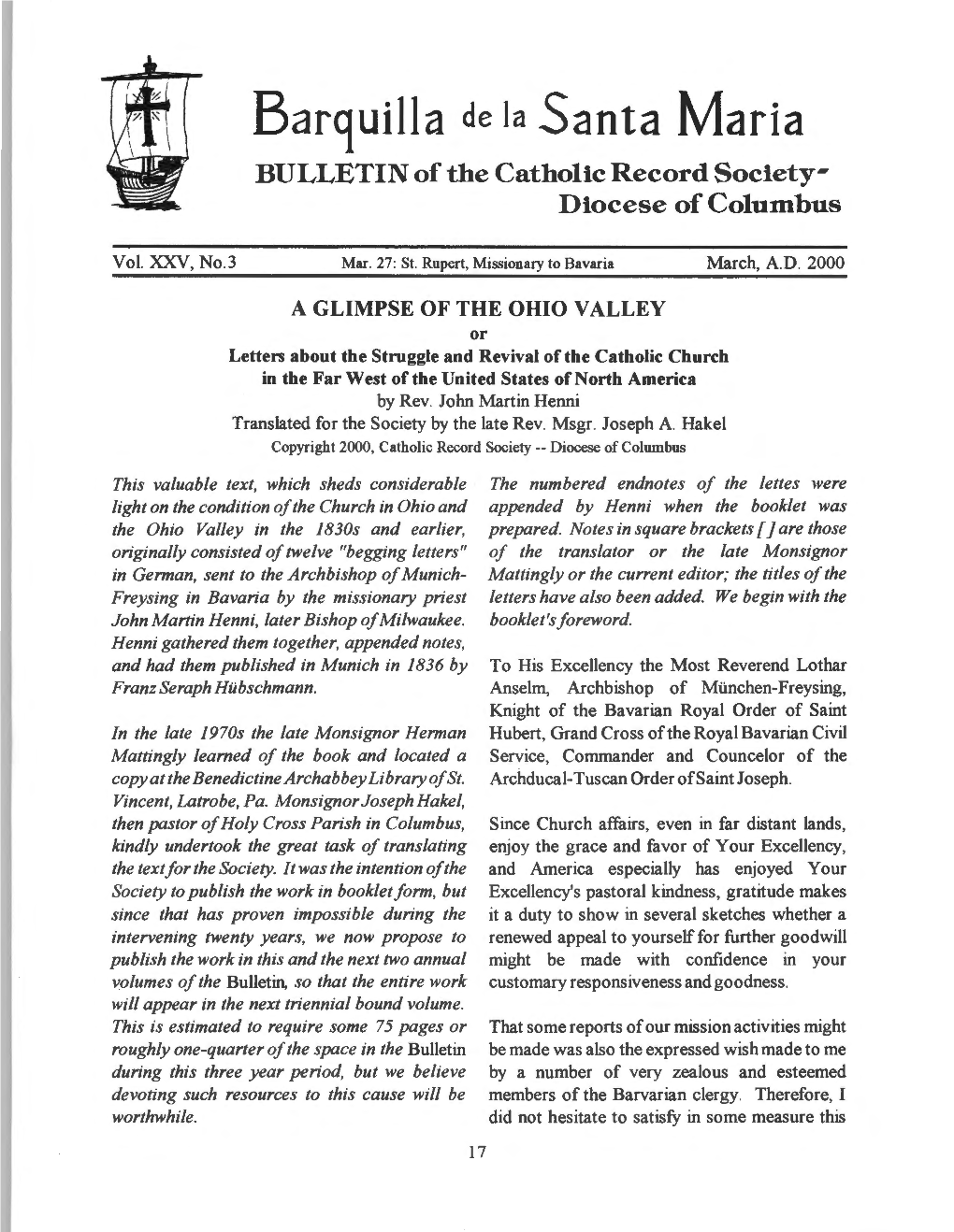 Barquilla De Ia Santa Maria BULLETIN of the Catholic Record Society­ Diocese of Columbus