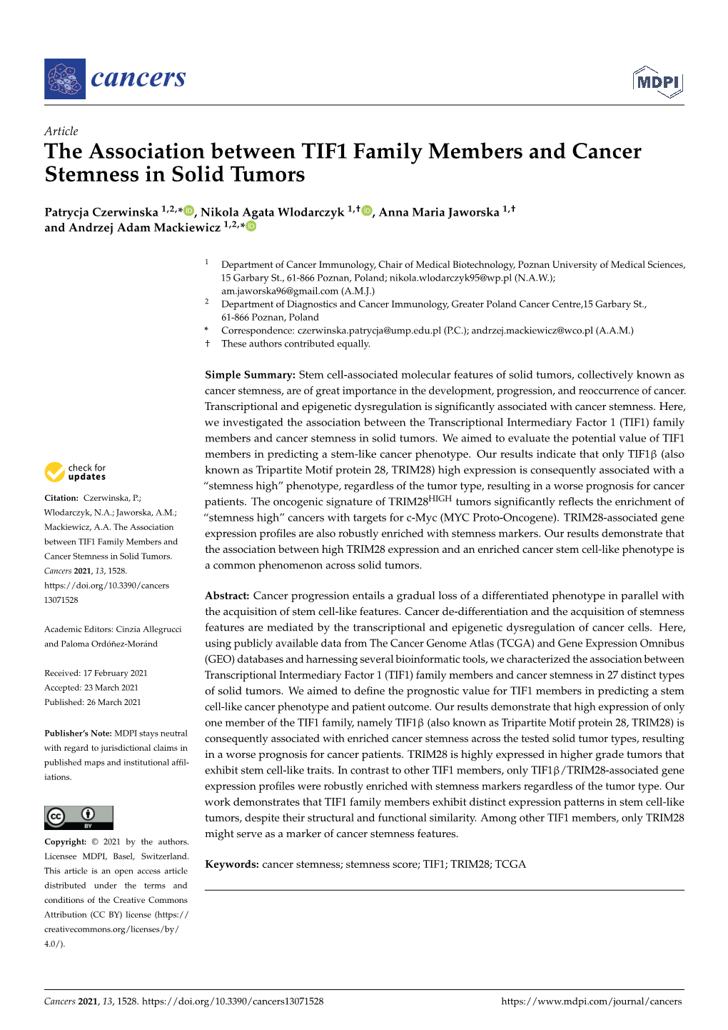The Association Between TIF1 Family Members and Cancer Stemness in Solid Tumors