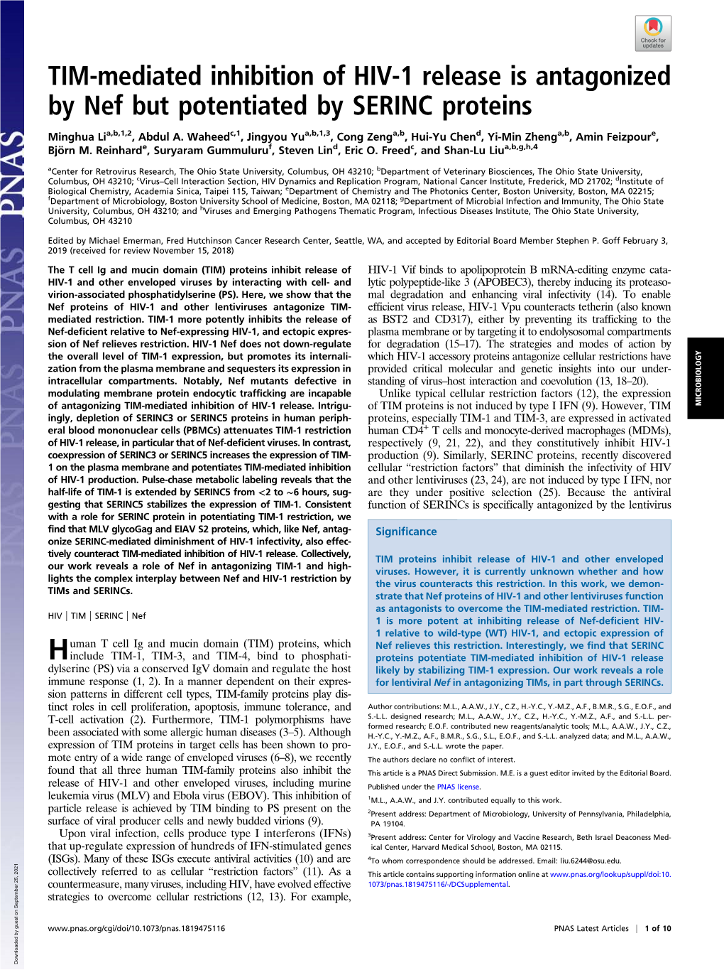 TIM-Mediated Inhibition of HIV-1 Release Is Antagonized by Nef but Potentiated by SERINC Proteins