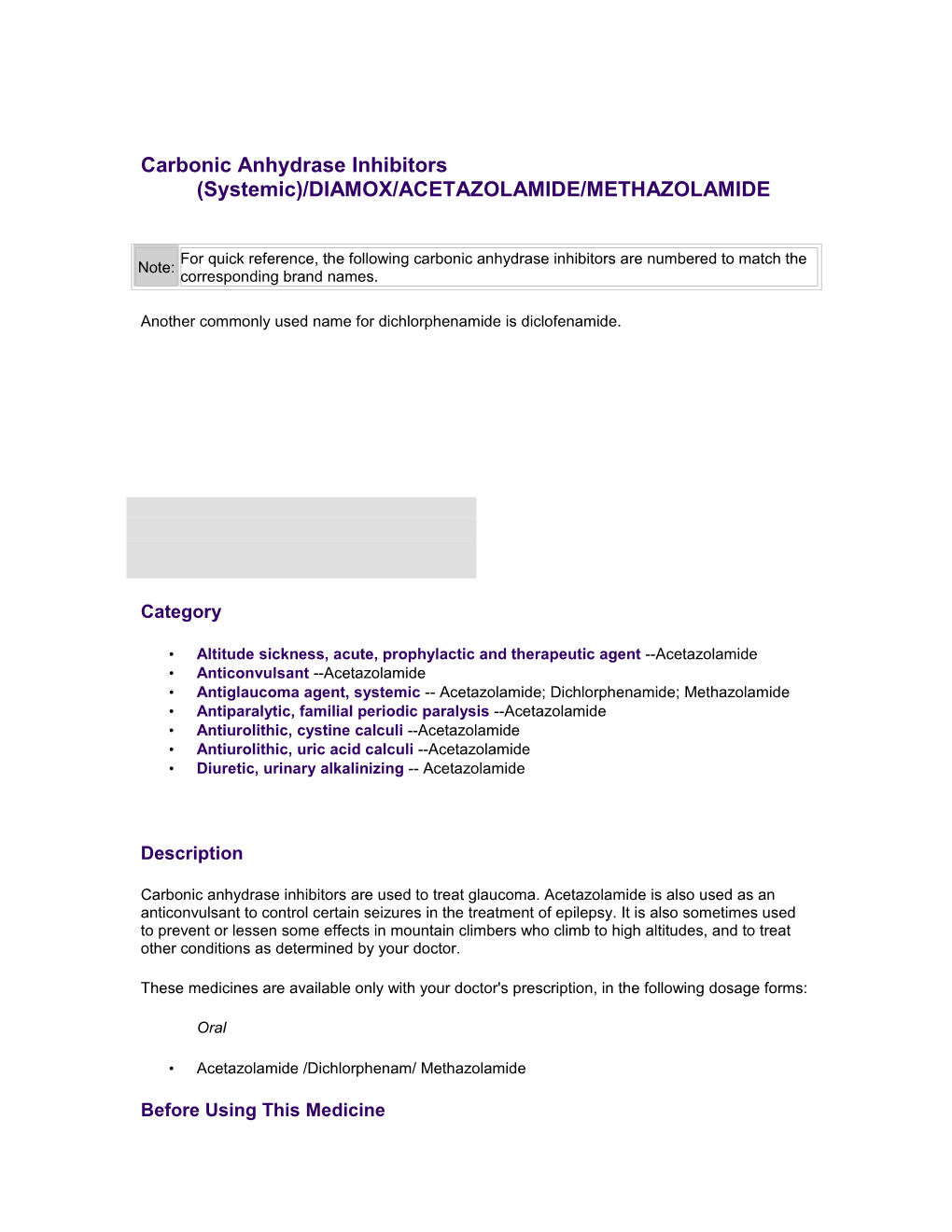 Carbonic Anhydrase Inhibitors (Systemic)/DIAMOX/ACETAZOLAMIDE/METHAZOLAMIDE