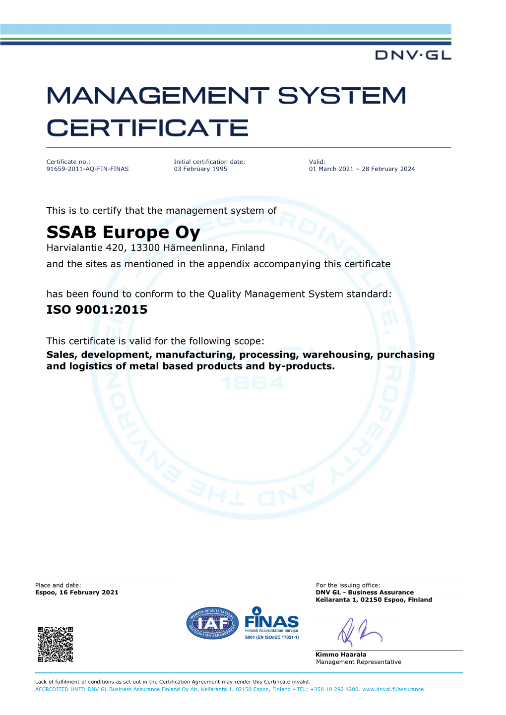 SSAB Europe Management System Certificate 9001 EN 2021