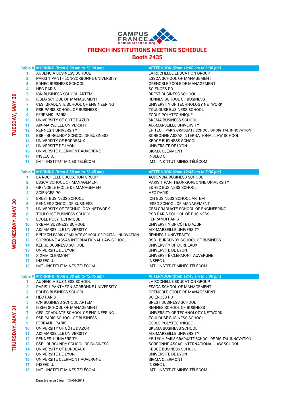 FRENCH INSTITUTIONS MEETING SCHEDULE Booth 2435