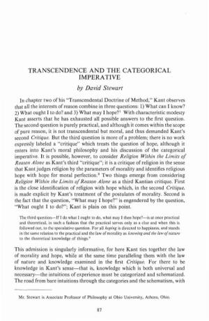 TRANSCENDENCE and the CATEGORICAL IMPERATIVE by David Stewart
