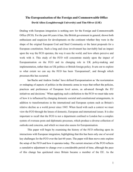 The Europeanisation of the Foreign and Commonwealth Office David Allen (Loughborough University) and Tim Oliver (LSE)