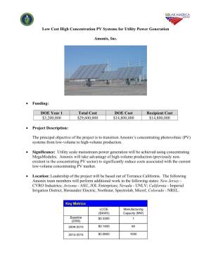 Low Cost High Concentration PV Systems for Utility Power Generation