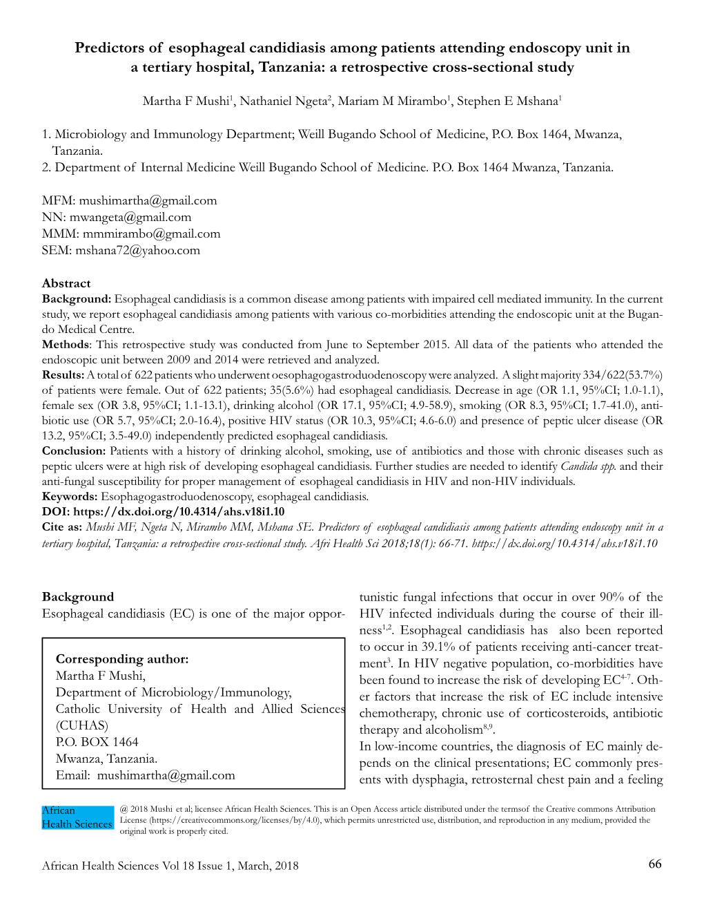 Predictors of Esophageal Candidiasis Among Patients Attending Endoscopy Unit in a Tertiary Hospital, Tanzania: a Retrospective Cross-Sectional Study