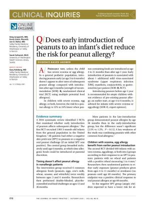 Q Does Early Introduction of Peanuts to an Infant's Diet Reduce the Risk For