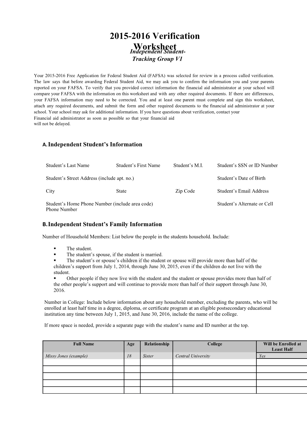 2015-2016 Verification Worksheet