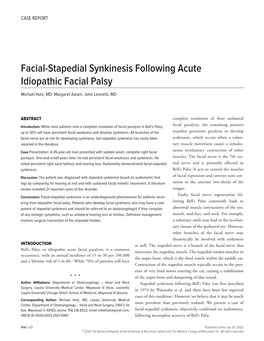 Facial-Stapedial Synkinesis Following Acute Idiopathic Facial Palsy