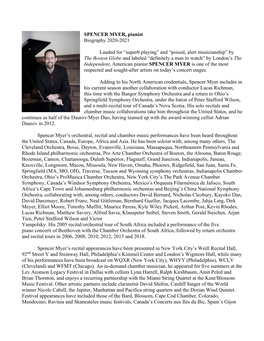 SPENCER MYER, Pianist Biography 2020-2021