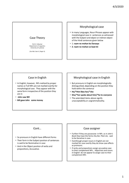 Case Theory with the Subject and Object Or Indirect Object of the Hindi Sentences Given Below