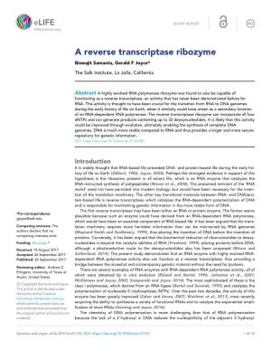 A Reverse Transcriptase Ribozyme Biswajit Samanta, Gerald F Joyce*