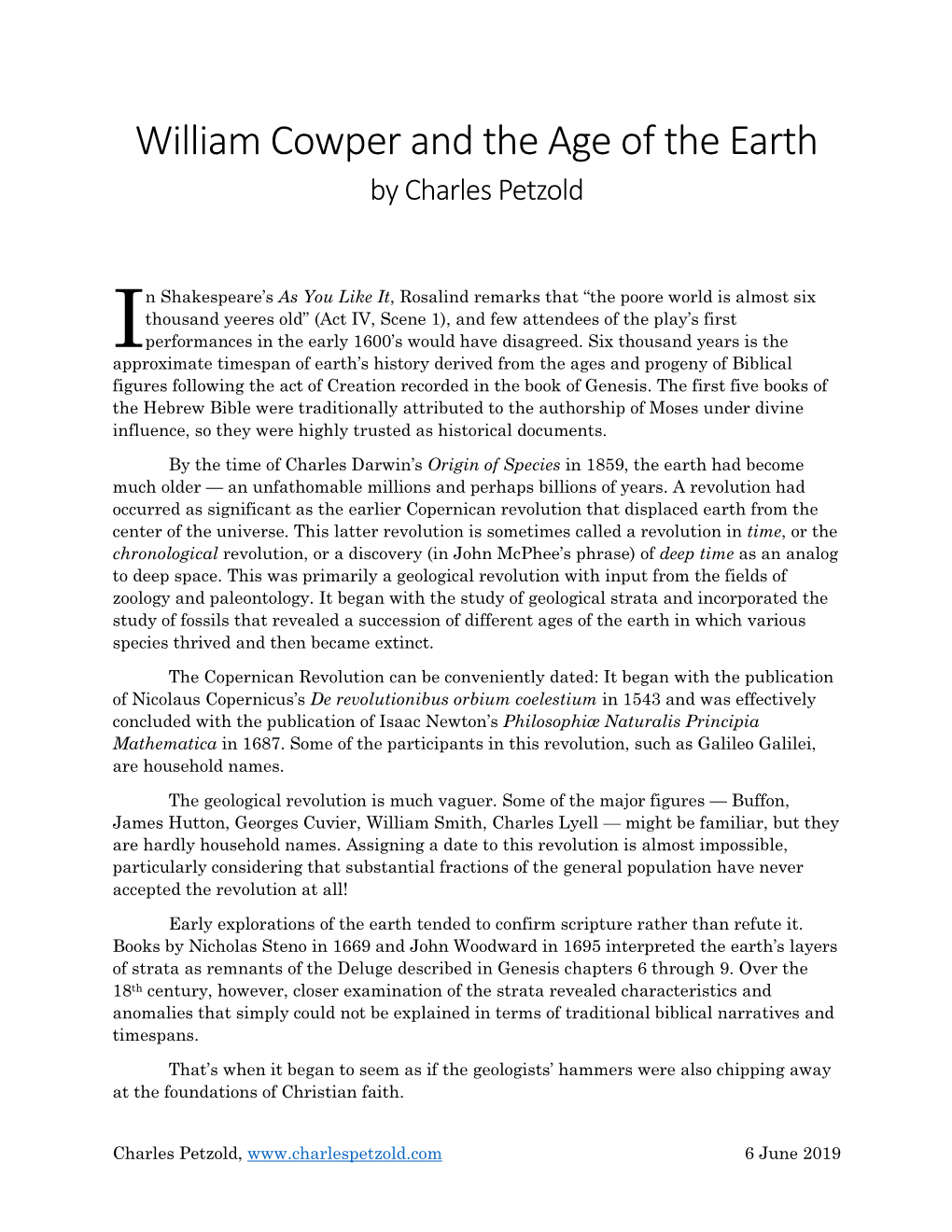 William Cowper and the Age of the Earth by Charles Petzold