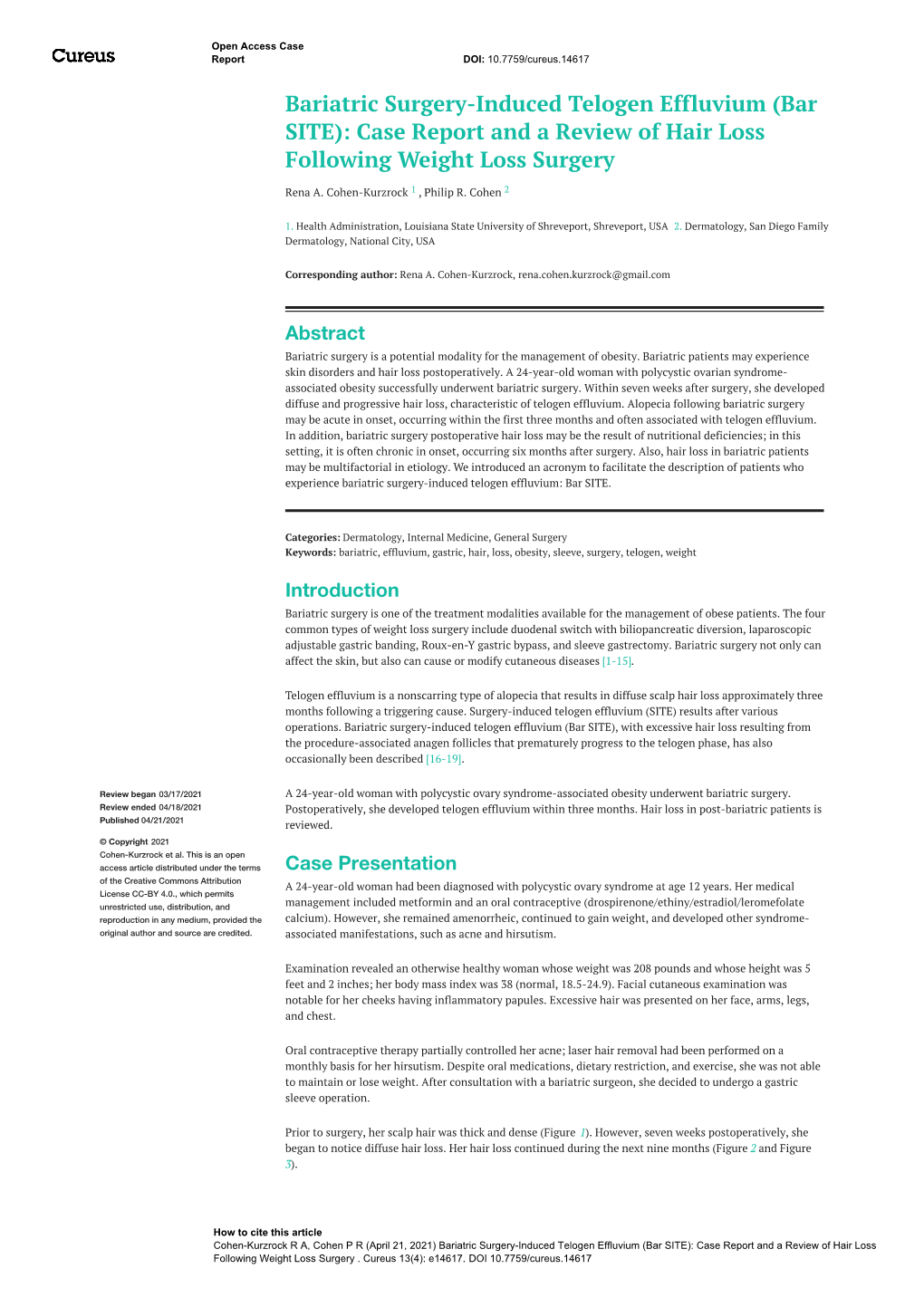 Bariatric Surgery-Induced Telogen Effluvium (Bar SITE): Case Report and a Review of Hair Loss Following Weight Loss Surgery