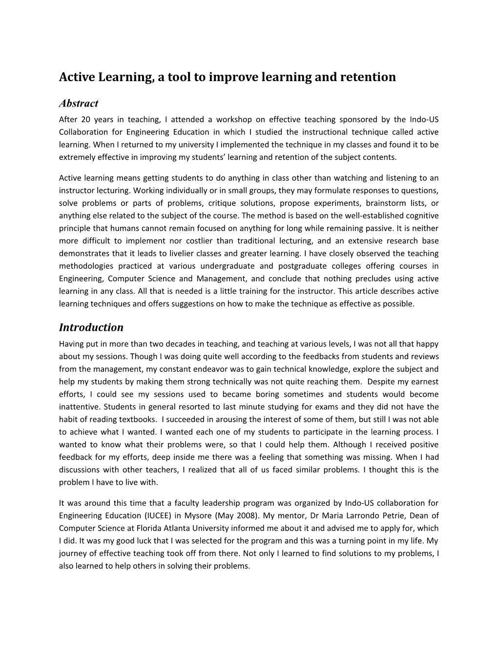 Active Learning, a Tool to Improve Learning and Retention