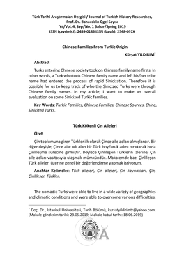 Chinese Families from Turkic Origin Kürşat YILDIRIM* Abstract Turks Entering Chinese Society Took on Chinese Family Name Firsts