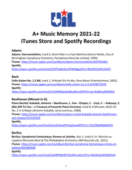 A+ Music Memory 2021-22 Itunes Store and Spotify Recordings