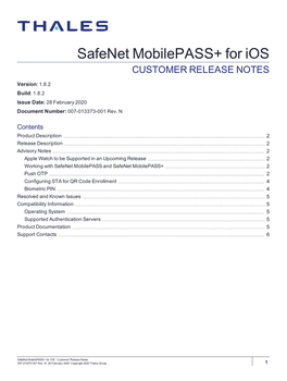 Safenet Mobilepass+ for Ios CUSTOMER RELEASE NOTES