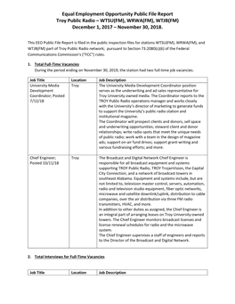 Equal Employment Opportunity Public File Report Troy Public Radio – WTSU(FM), WRWA(FM), WTJB(FM) December 1, 2017 – November 30, 2018