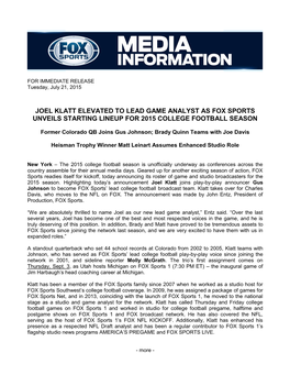 Joel Klatt Elevated to Lead Game Analyst As Fox Sports Unveils Starting Lineup for 2015 College Football Season