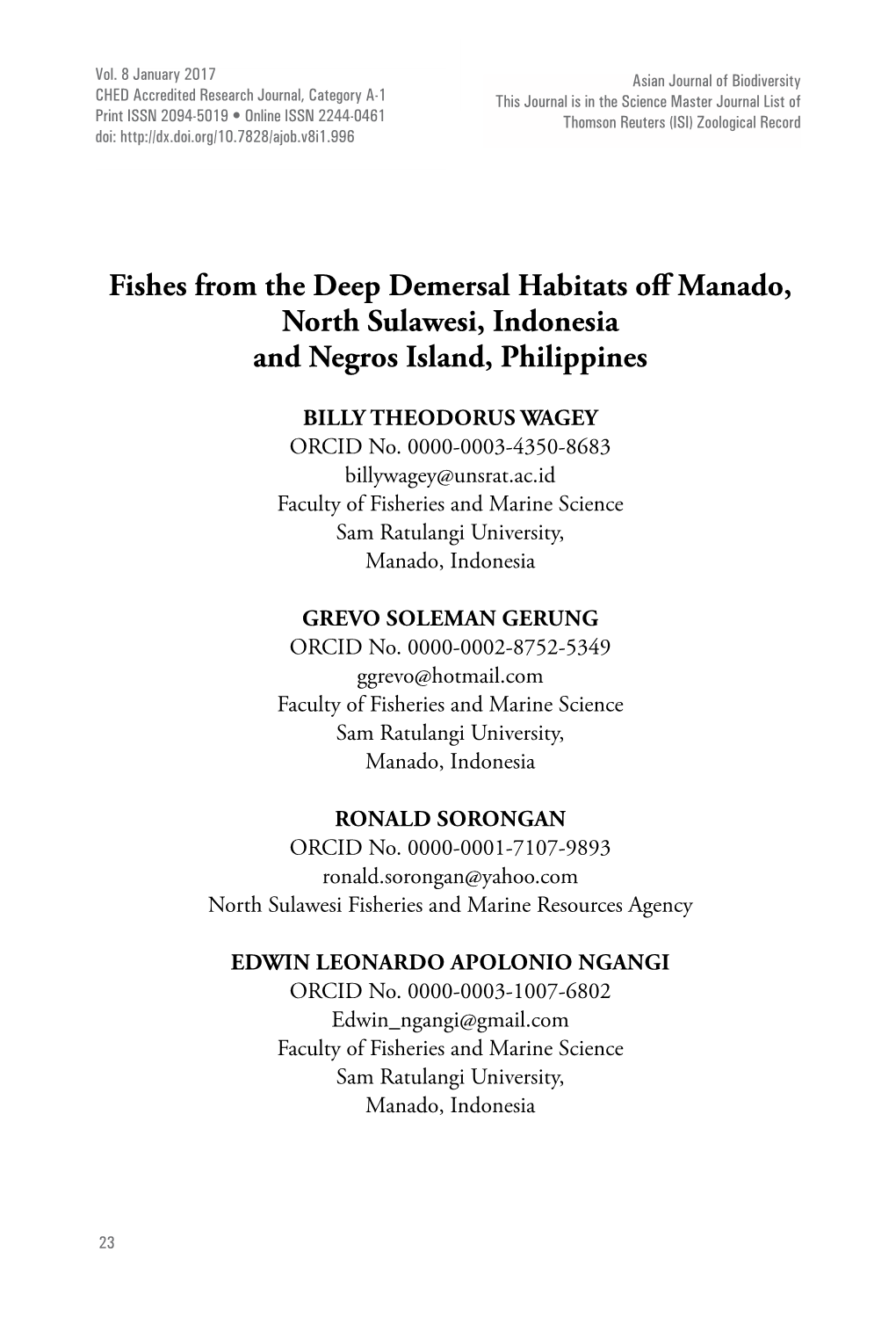 Fishes from the Deep Demersal Habitats Off Manado, North Sulawesi, Indonesia and Negros Island, Philippines