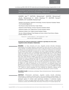 Assessment of Antixenosis and Antibiosis Levels in Rice Genotypes Against Sogatella Furcifera (Hemiptera: Delphacidae) HAIDER, I