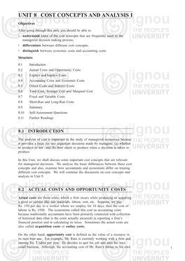 UNIT 8 COST CONCEPTS and ANALYSIS I Objectives After Going Through This Unit, You Should Be Able To