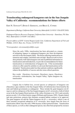 Translocating Endangered Kangaroo Rats in the San Joaquin Valley of California: Recommendations for Future Efforts