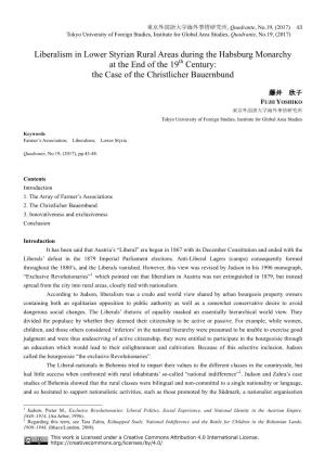 Liberalism in Lower Styrian Rural Areas During the Habsburg Monarchy at the End of the 19Th Century: the Case of the Christlicher Bauernbund