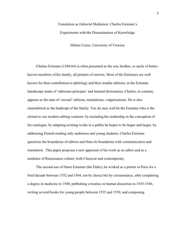 1 Translation As Editorial Mediation: Charles Estienne's Experiments