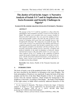 The Justice of God in His Anger: a Narrative Analysis of Isaiah 5:1-7 and Its Implications for Socio-Economic and Security Challenges in Nigeria*