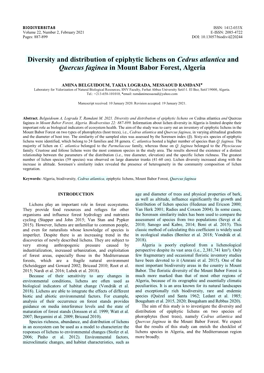 Diversity and Distribution of Epiphytic Lichens on Cedrus Atlantica and Quercus Faginea in Mount Babor Forest, Algeria