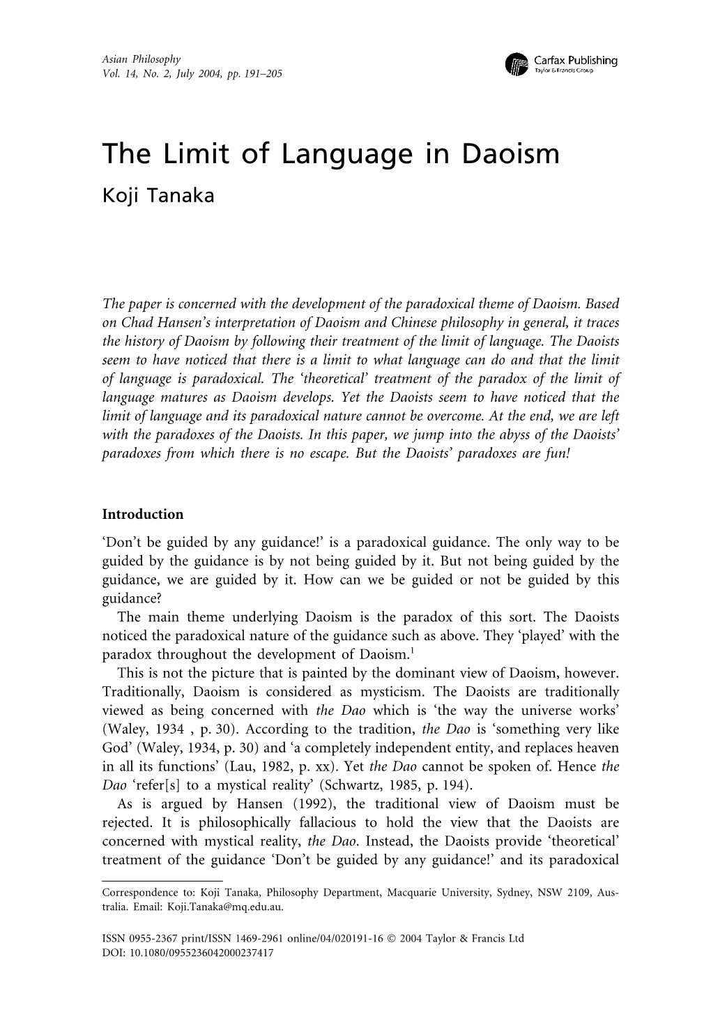 The Limit of Language in Daoism Koji Tanaka