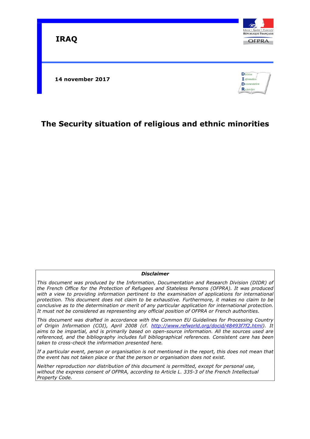 The Security Situation of Religious and Ethnic Minorities IRAQ