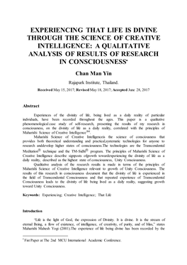 Experiencing That Life Is Divine Through the Science of Creative Intelligence: a Qualitative Analysis of Results of Research in Consciousness