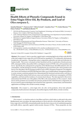 Health Effects of Phenolic Compounds Found in Extra-Virgin Olive Oil, By-Products, and Leaf of Olea Europaea L