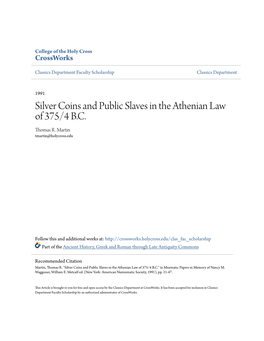 Silver Coins and Public Slaves in the Athenian Law of 375/4 B.C. Thomas R