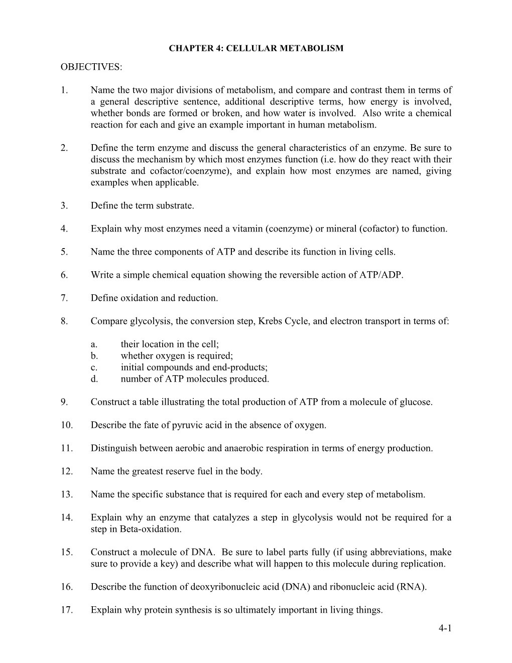 Chapter 4: Cellular Metabolism