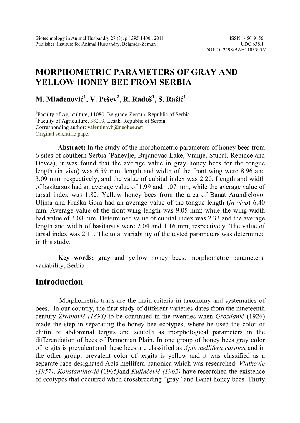 Morphometric Parameters of Gray and Yellow Honey Bee from Serbia