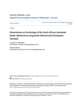 Observations on the Biology of the South African Checkered Beetle Aphelochroa Sanguinalis (Westwood) (Coleoptera: Cleridae)
