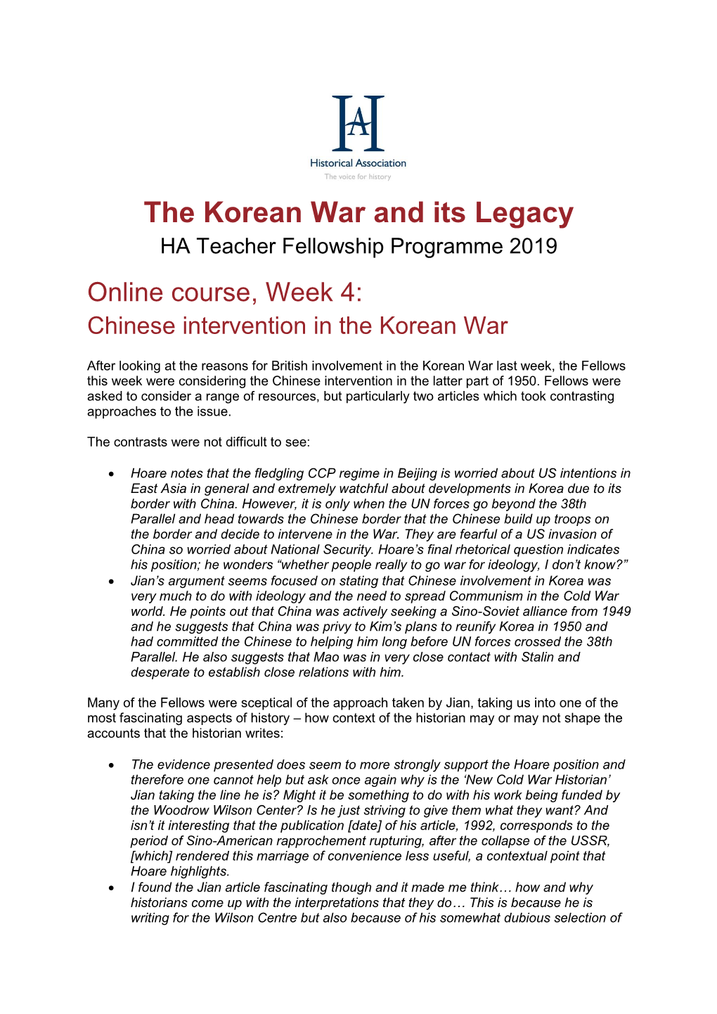 The Korean War and Its Legacy HA Teacher Fellowship Programme 2019 Online Course, Week 4: Chinese Intervention in the Korean War