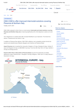 CMA CGM to Offer Improved Intermodal Solutions Covering Piacenza & Northern Italy